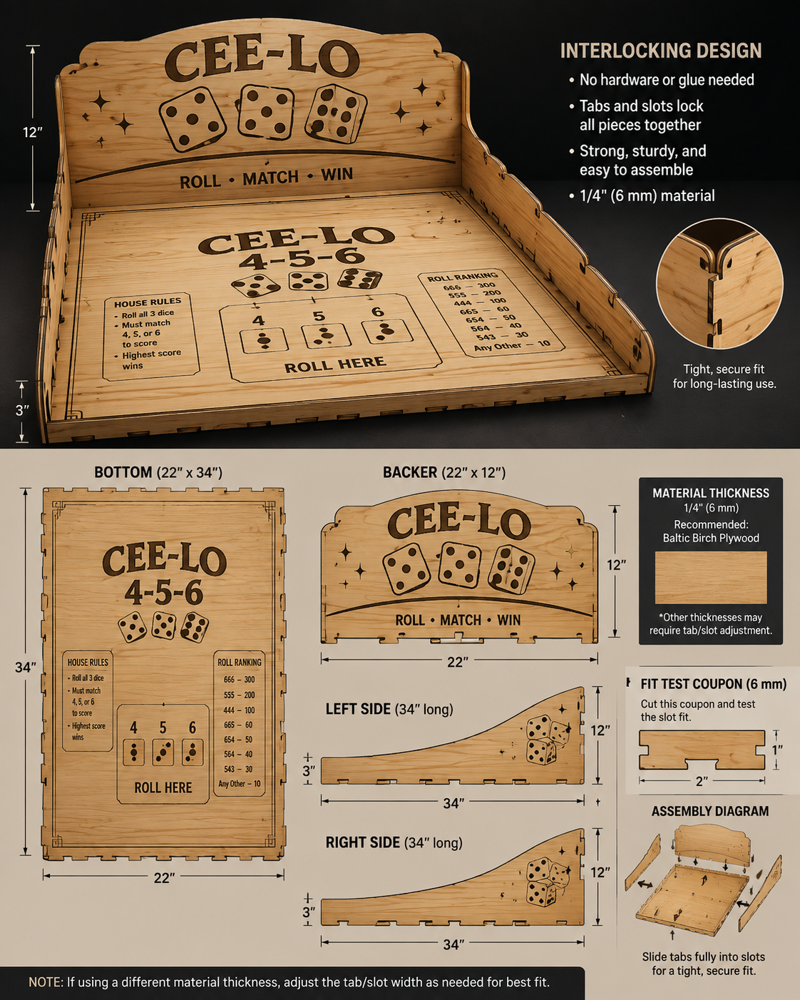 Cee-Lo Dice Game Board, 4-5-6 Wooden Tabletop Game, Laser Engraved Dice Tray, Adult Party Game, Gift for Gamers