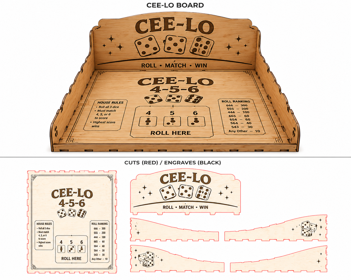 Cee-Lo Dice Game Board, 4-5-6 Wooden Tabletop Game, Laser Engraved Dice Tray, Adult Party Game, Gift for Gamers