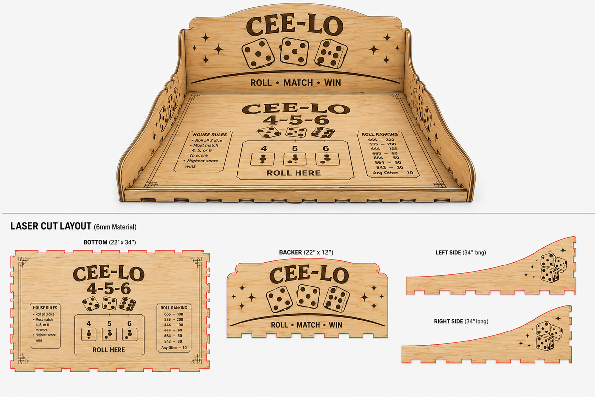 Cee-Lo Dice Game Board, 4-5-6 Wooden Tabletop Game, Laser Engraved Dice Tray, Adult Party Game, Gift for Gamers