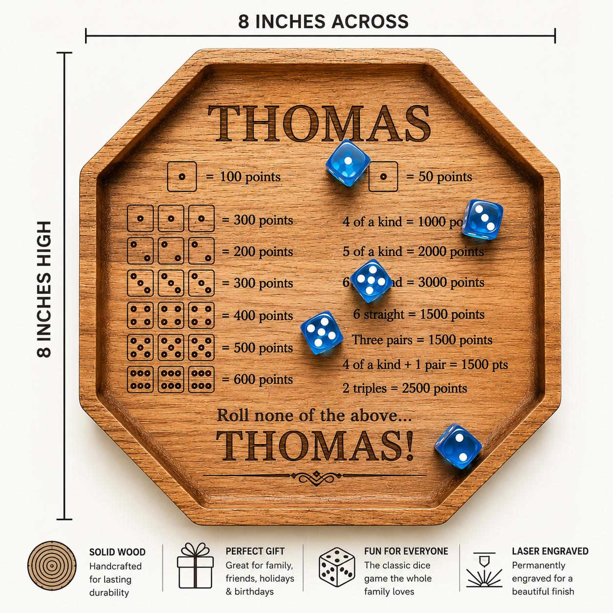Personalized Family Farkle Board Set | Includes Scorecard, Rules, and Cup | Father's Day Gift | ZONK | Handmade Wooden Dice Tray