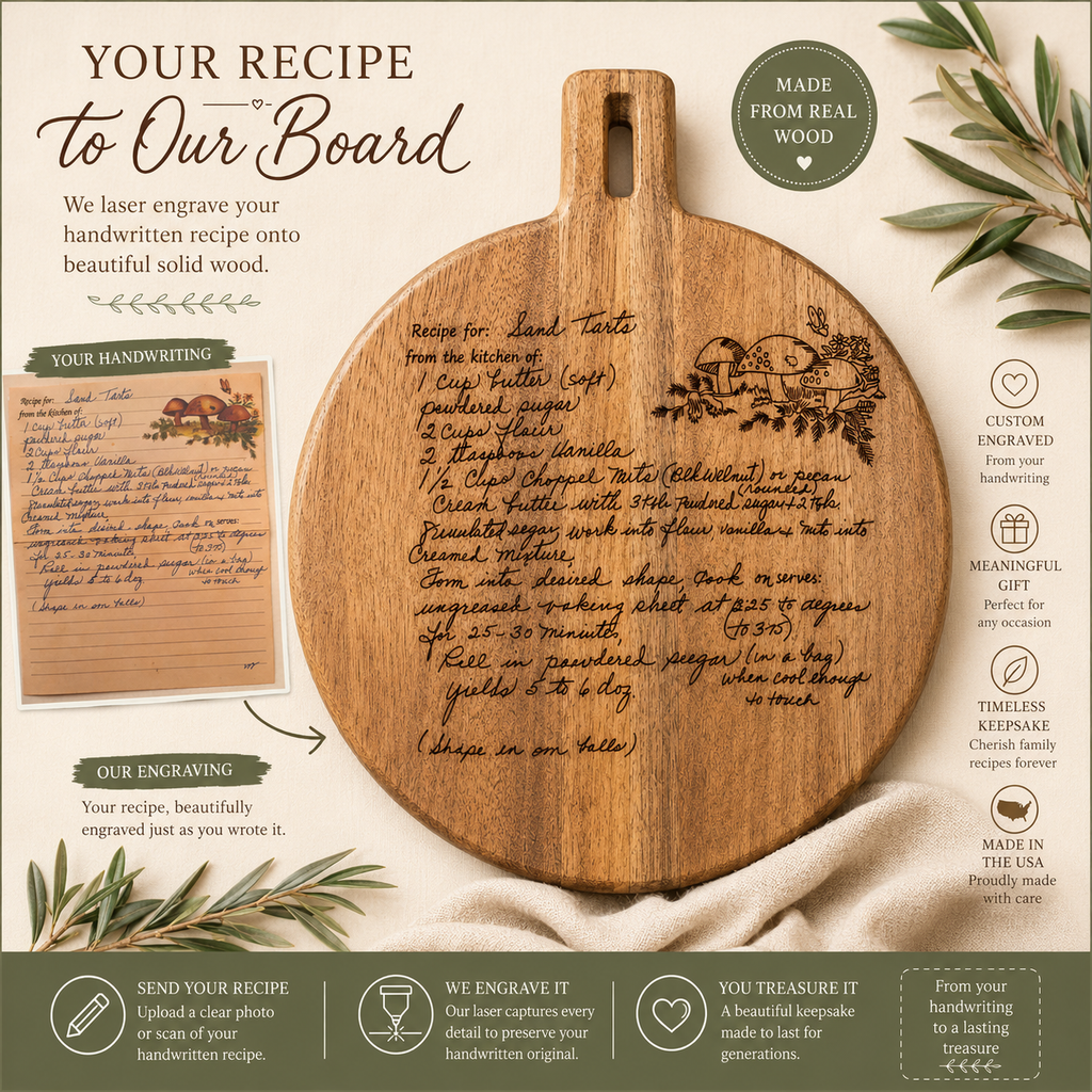 Personalized Handwritten Recipe Cutting Board | Custom Family Recipe Engraved on Wood | Memorial Gift for Mom, Grandma or Family