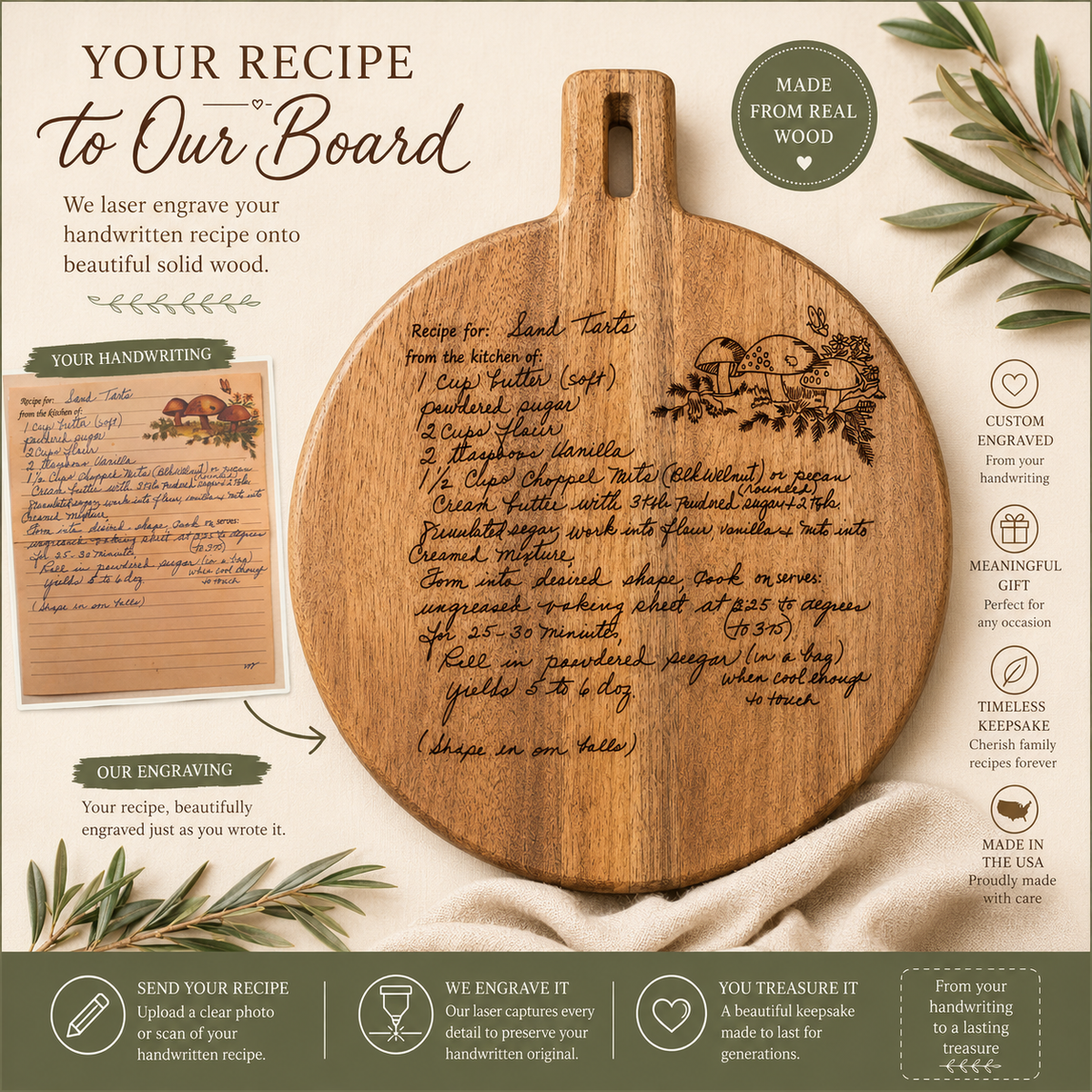 Personalized Handwritten Recipe Cutting Board | Custom Family Recipe Engraved on Wood | Memorial Gift for Mom, Grandma or Family