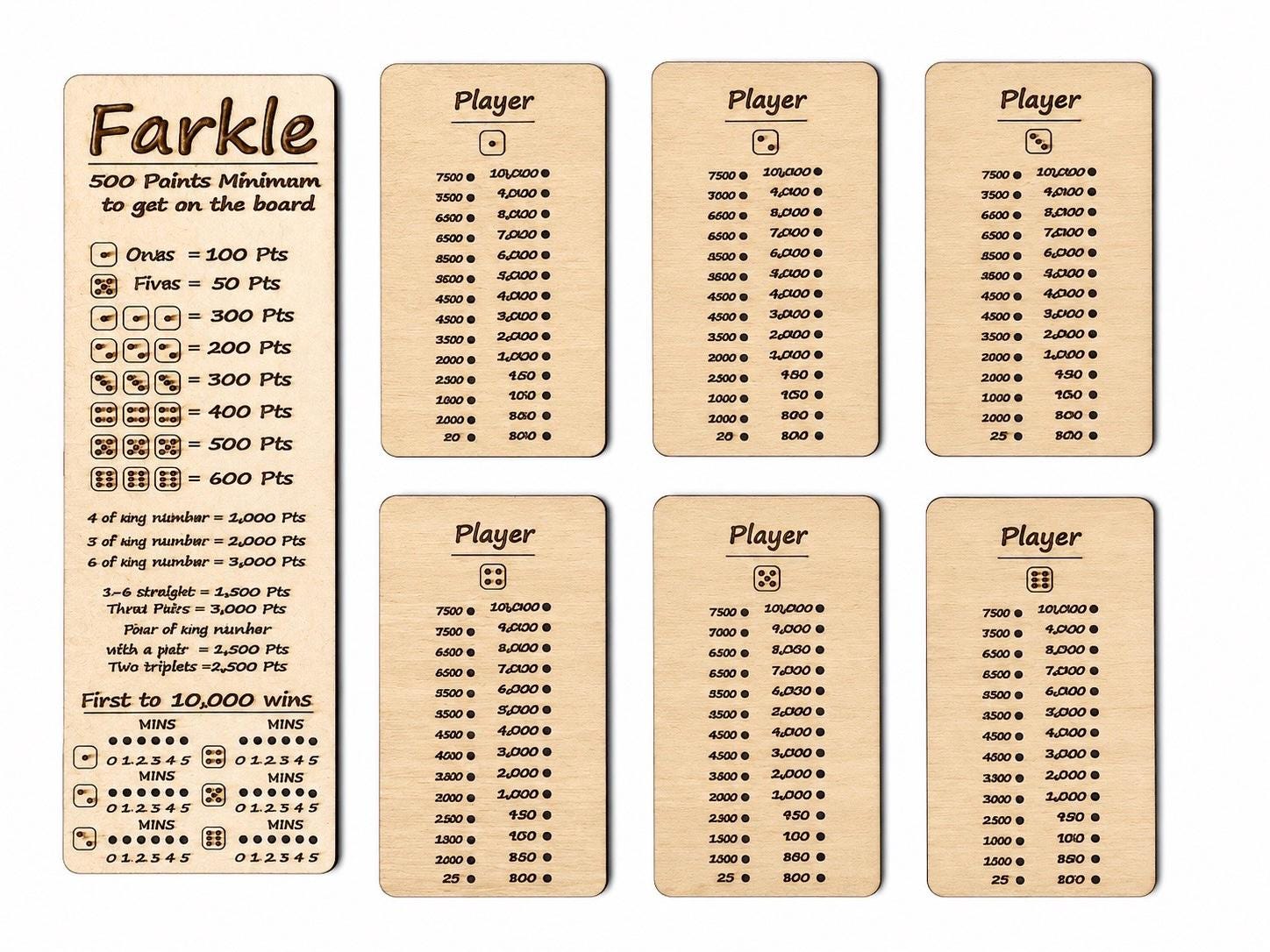 Farkle Score Card Board Set | Wooden Score Cards for 6 Players | Laser Engraved Score Keeper | Family Dice Game Gift | Handmade
